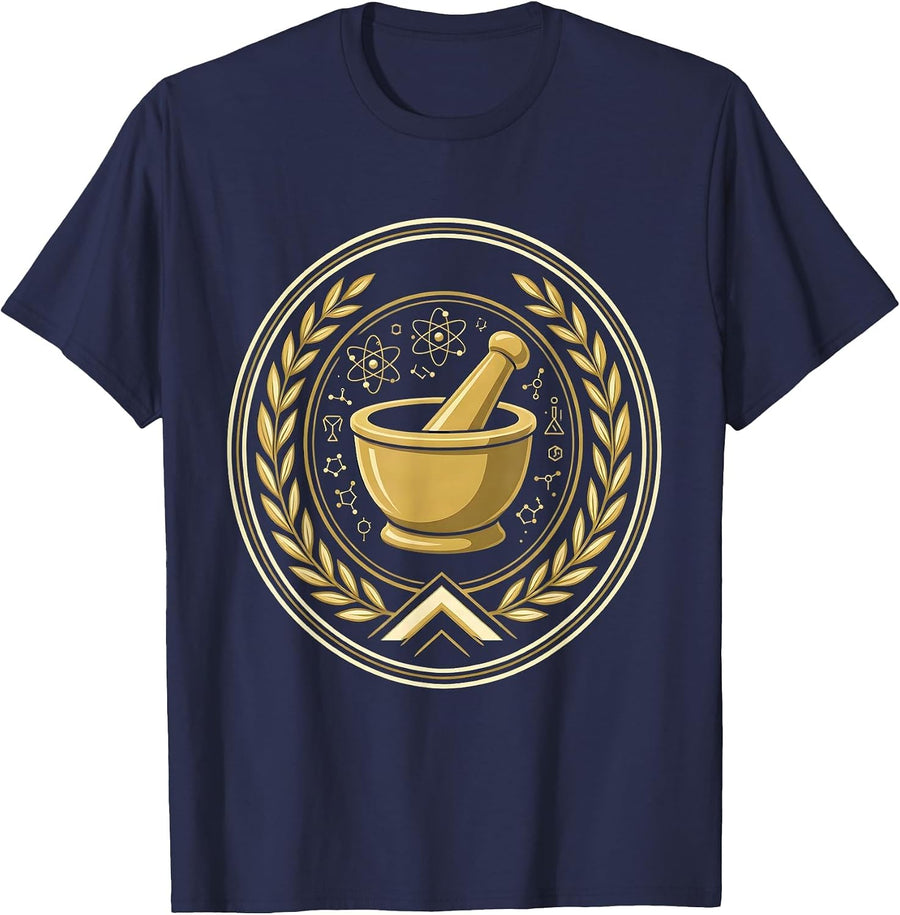 Mortar and Pestle Chemistry Science Illustration T-Shirt - Navy Blue