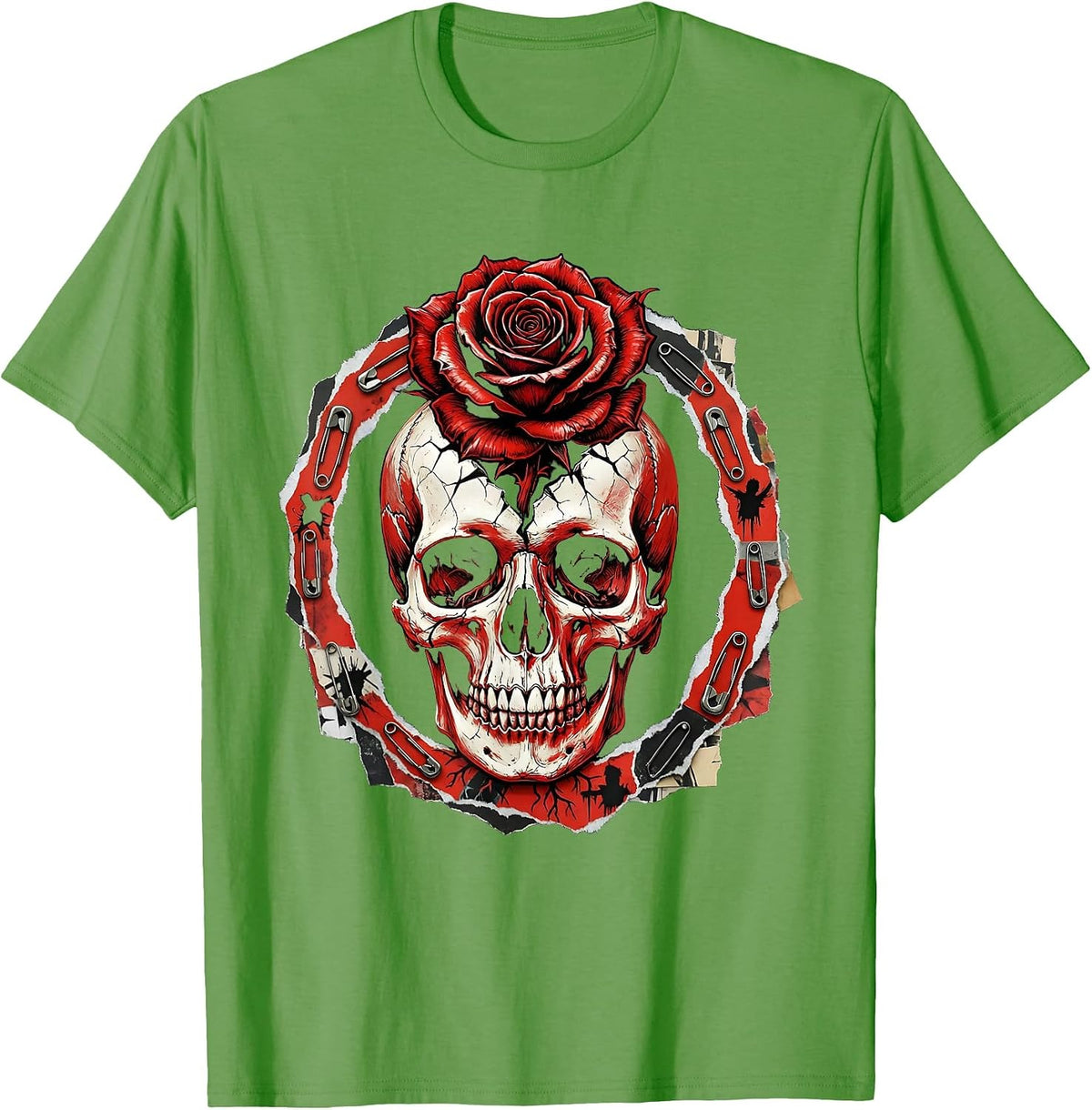 Men's Blooming Skull Punk Floral Graphic Design T-Shirt - Grass Green