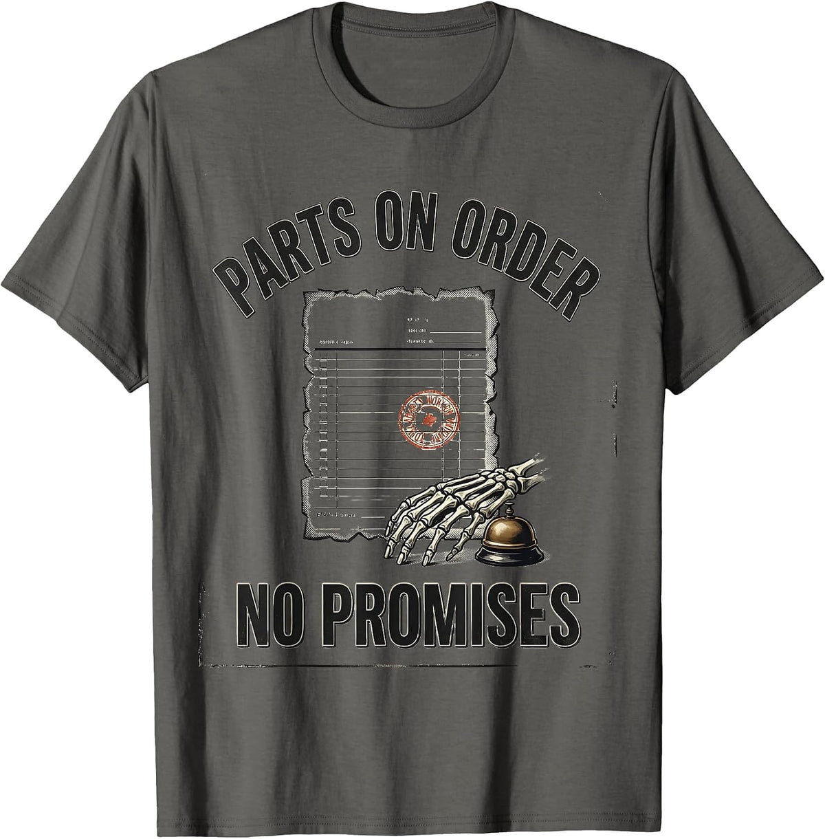 Parts On Order No Promises Vintage Mechanic Skeleton Auto T-Shirt - Asphalt Grey
