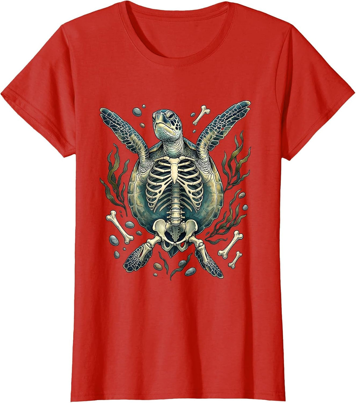 Women's Turtle Skeleton Deep Ocean Swim Graphic T-Shirt - Red