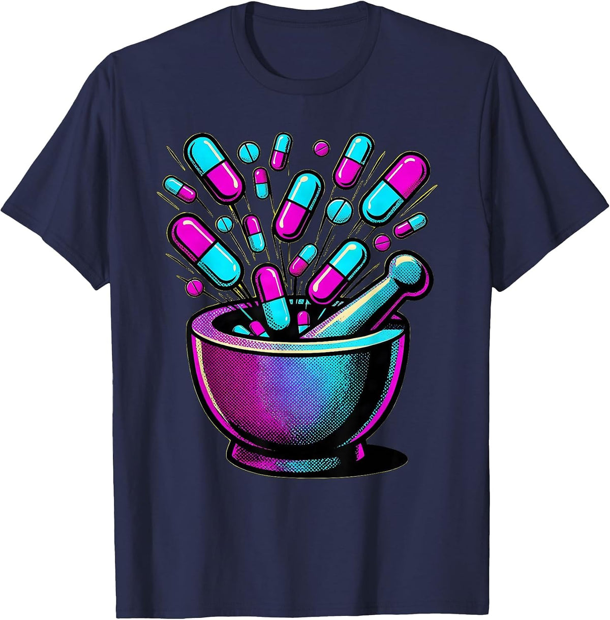 Pharmacy Technician Mortar Pestle Glowing Pills Art T-Shirt - Navy Blue