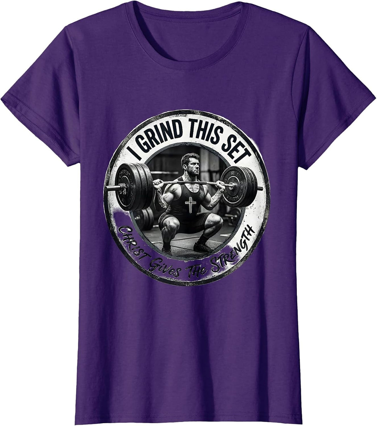 Women's I Grind This Set, Christ Gives The Strength Christian Gym T-Shirt - Purple