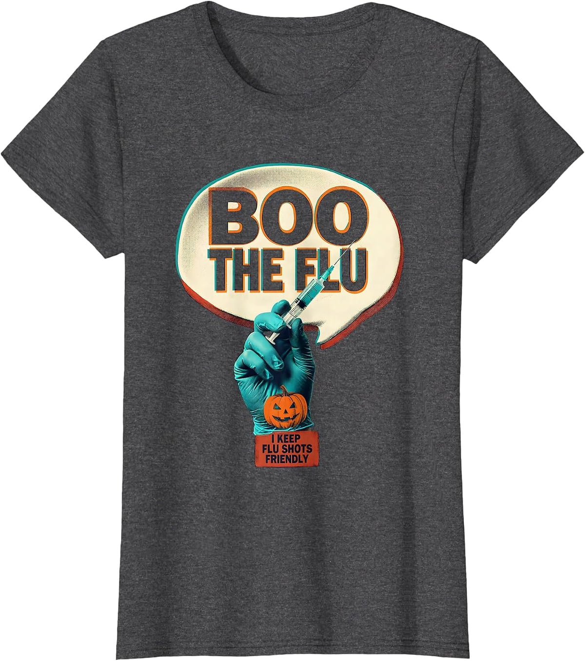Women's Boo the Flu I Keep Flu Shots Friendly Funny Nurse Halloween T-Shirt - Dark Heather Grey