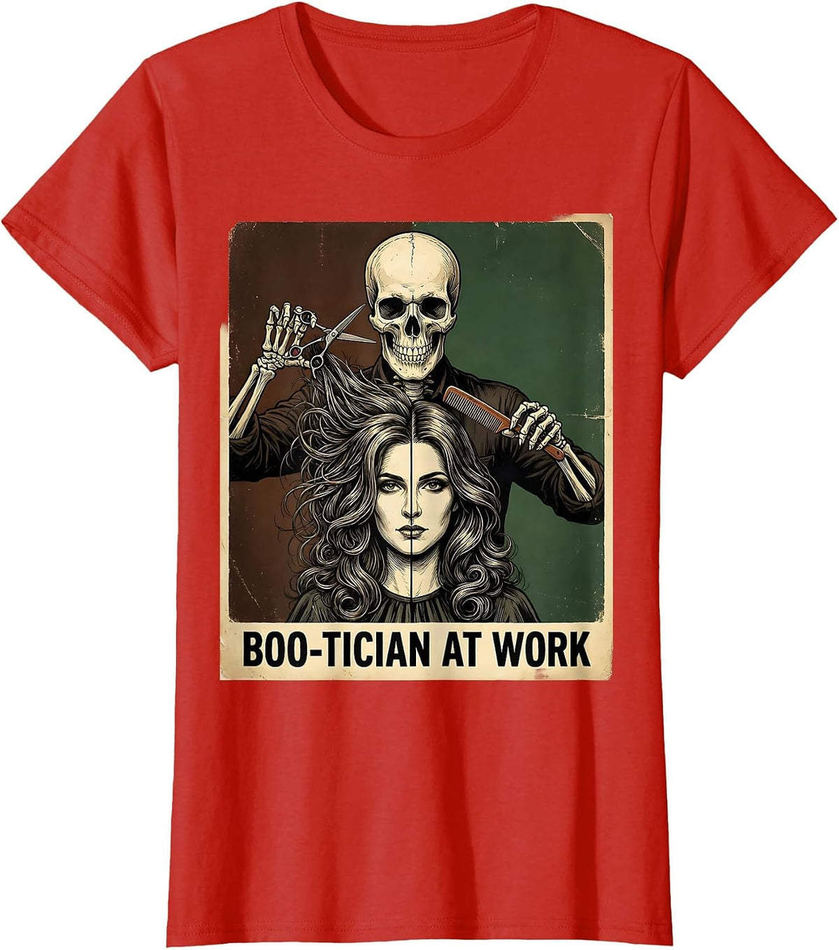 Boo-tician At Work Vintage Skeleton Hairdresser Halloween T-Shirt - Red