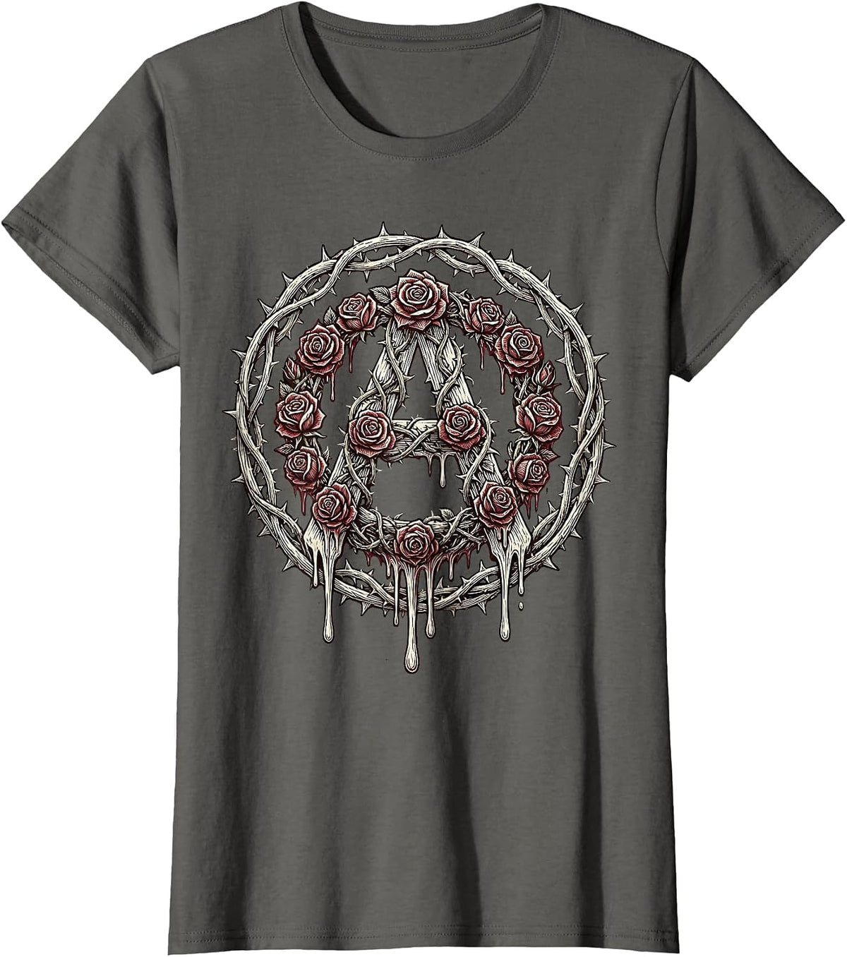 Women's Dripping Rose Anarchy Symbol Punk Art Design T-Shirt - Asphalt Grey