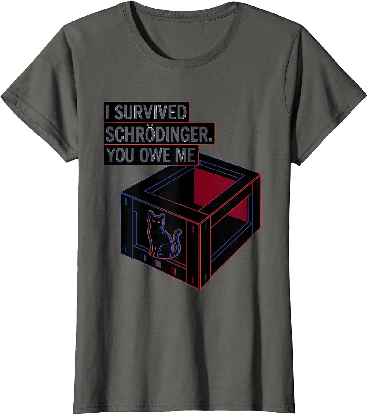 Women's I Survived, Schrödinger. You Owe Me Funny Quantum Physics T-Shirt - Asphalt Grey