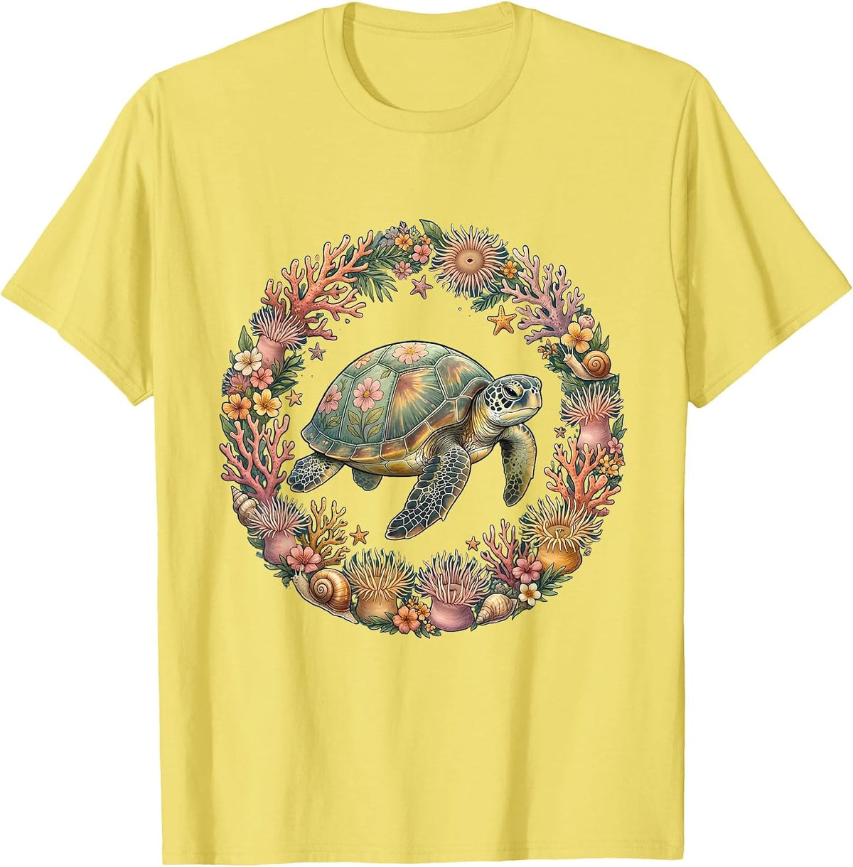 Men's Girls Hawaiian Sea Turtle Coral Reef Graphic T-Shirt - Lemon Yellow