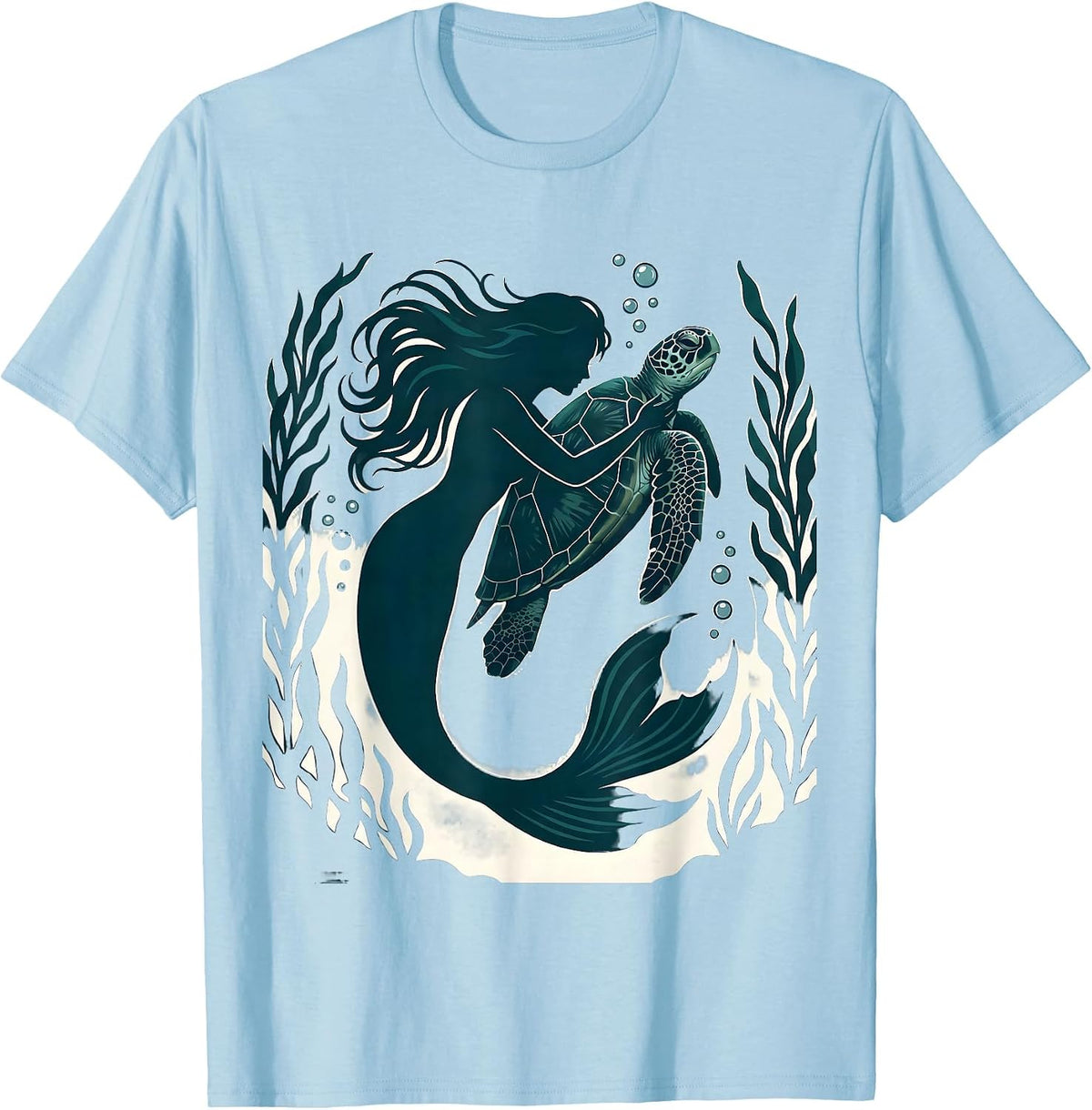 Men's Mermaid and Sea Turtle Underwater Embrace T-Shirt - Baby Blue