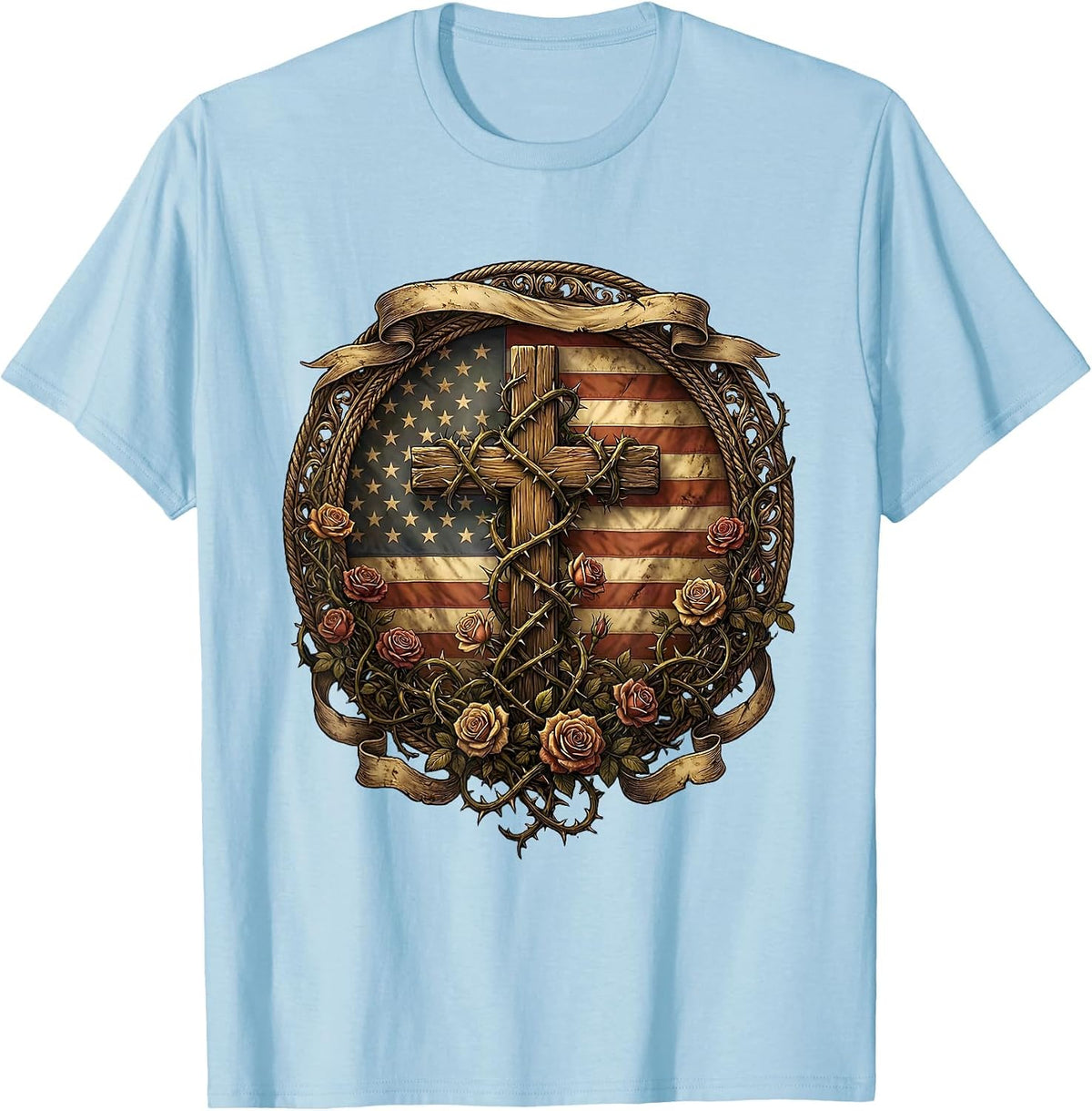 Men's Cross Wrapped in Thorny Rose Vines Graphic T-Shirt - Baby Blue