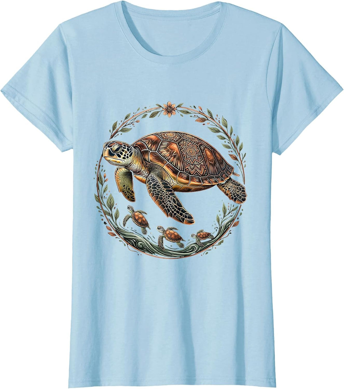 Women's Mama Turtle Guiding Hatchlings to the Ocean T-Shirt - Baby Blue