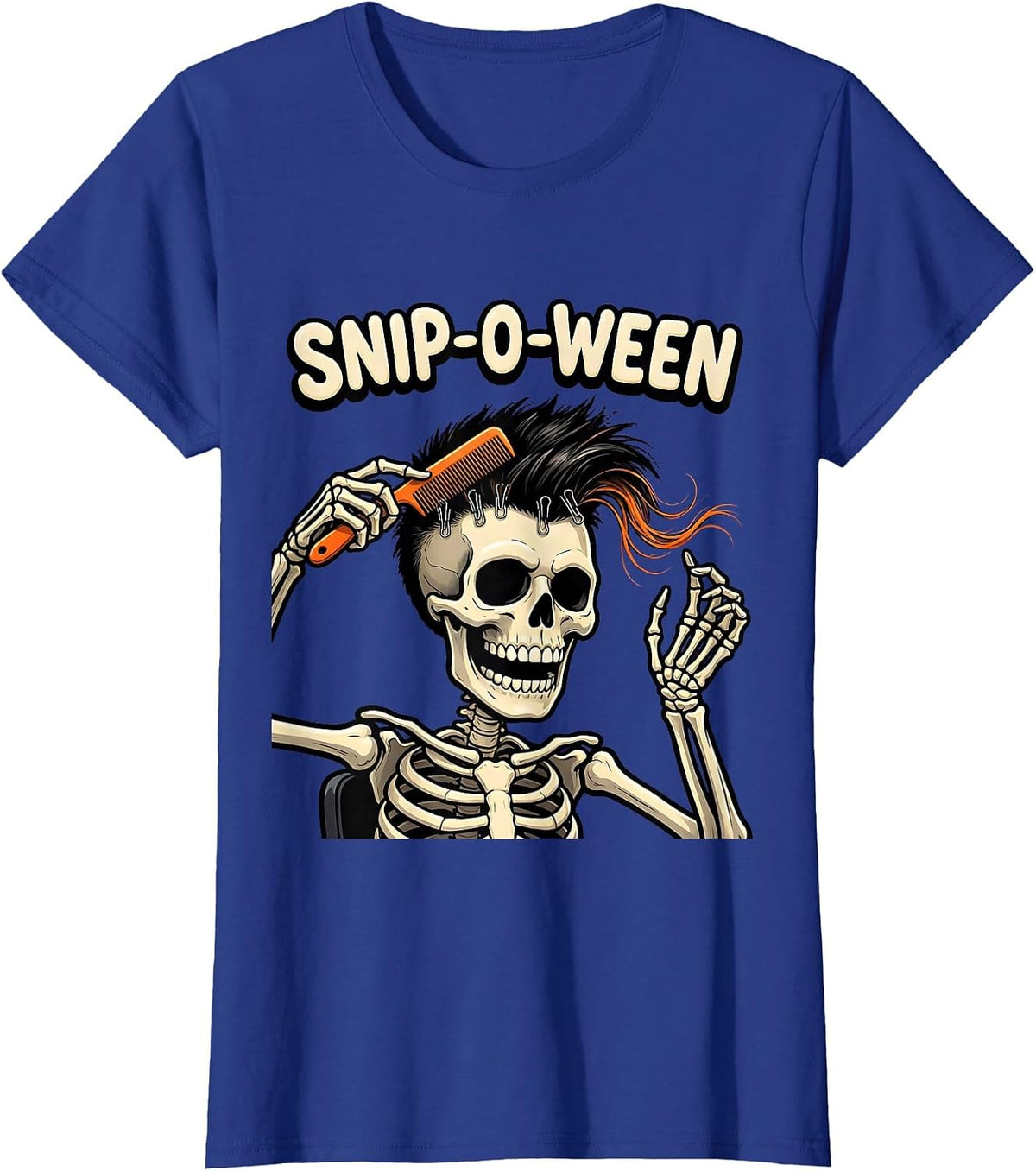 Women's Snip-o-Ween Cartoon Skeleton Hairstylist Halloween Barber T-Shirt - Royal Blue