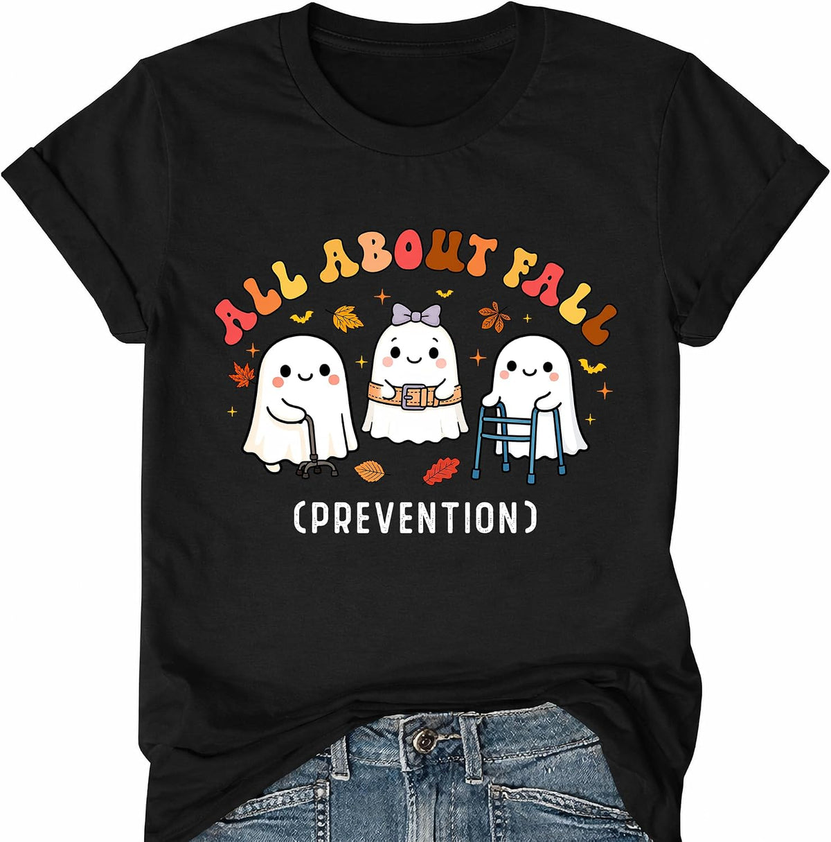 Nurse All About Fall Prevention Shirt Halloween Ghost Graphic T-Shirts - Black Crewneck