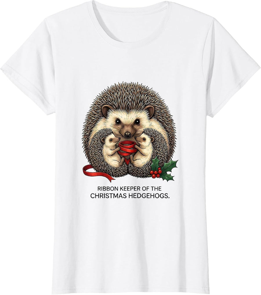 Women's Ribbon Keeper Of The Christmas Hedgehogs Cute T-Shirt - White