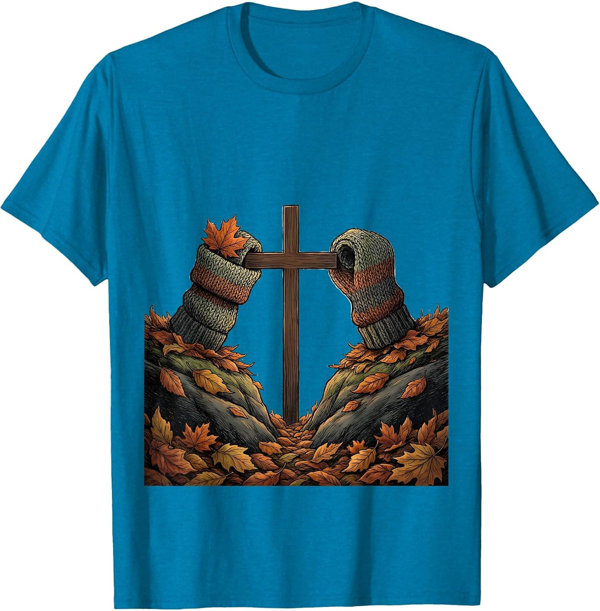 Rolled Knit Cuff Maple Leaf Faith Cozy Fall Autumn T-Shirt - Sapphire Blue