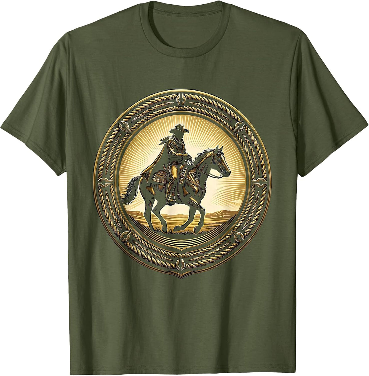 Men's Lone Cowboy Riding Horse at Sunset Western Art T-Shirt - Olive Green
