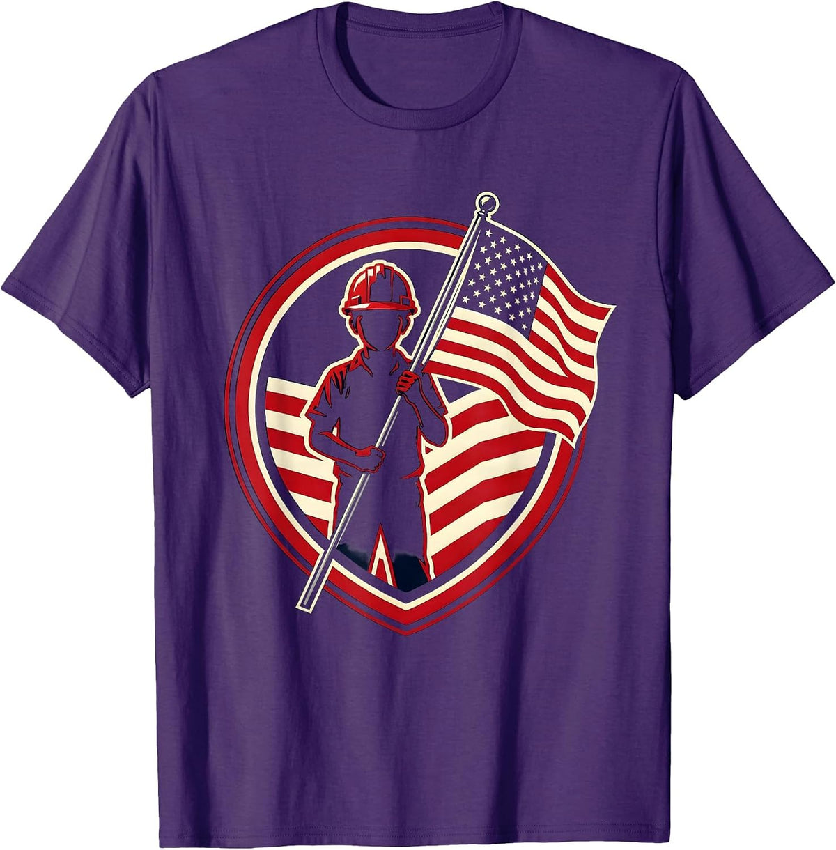 Young Patriot Boy Hardhat American Flag Illustration T-Shirt - Purple
