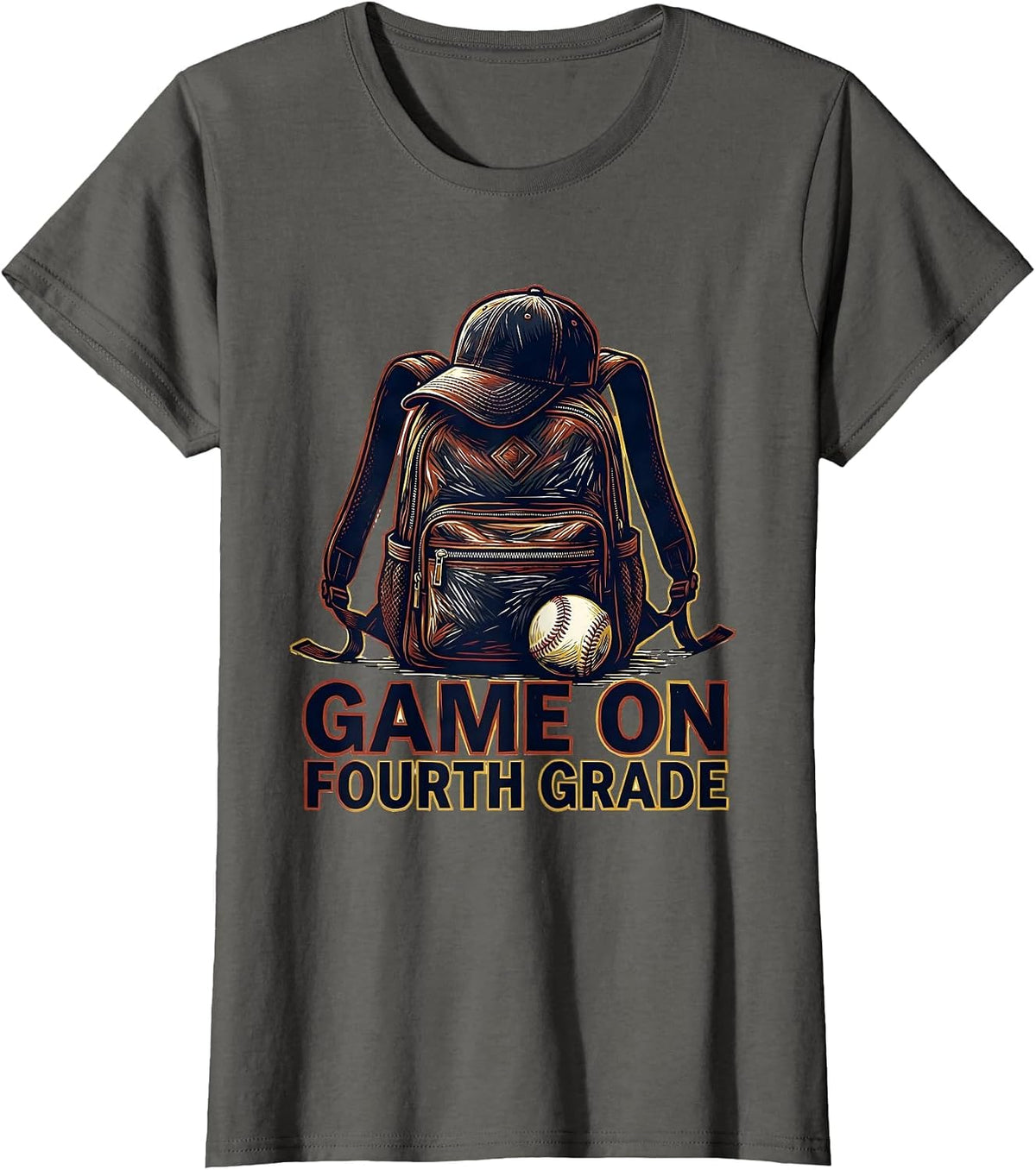 Women's Game On Fourth Grade Linocut Baseball Back To School Boy T-Shirt - Asphalt Grey