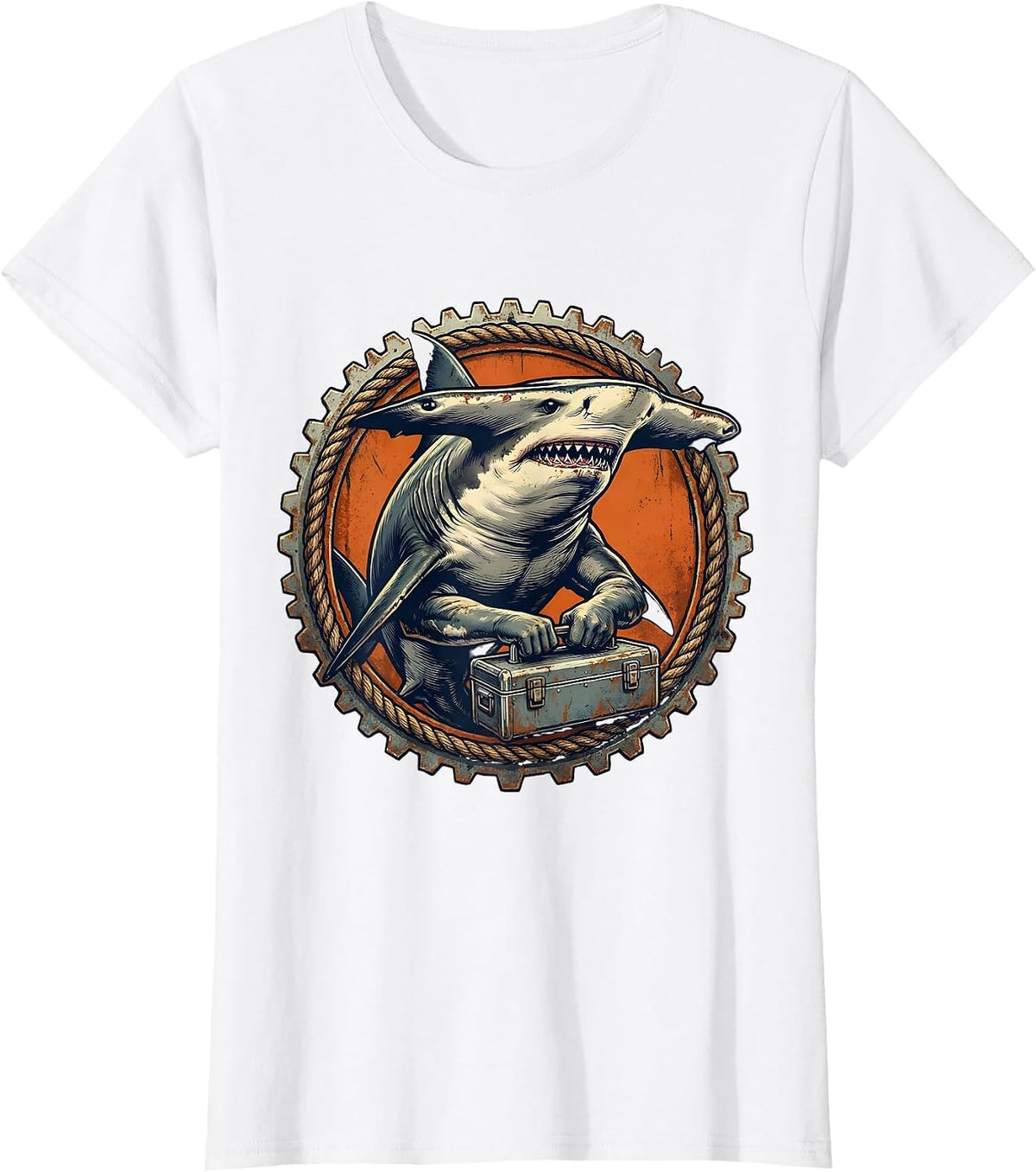 Women's Hammerhead Shark With Toolbox Novelty Graphic T-Shirt - White