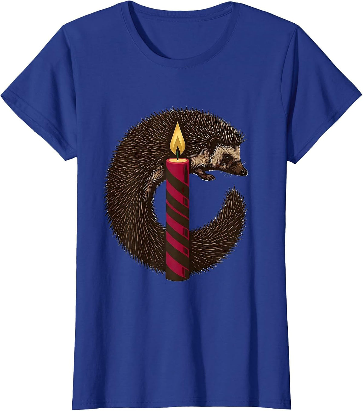Women's Curled Hedgehog Quills Christmas Candle Cute Novelty Gift T-Shirt - Royal Blue