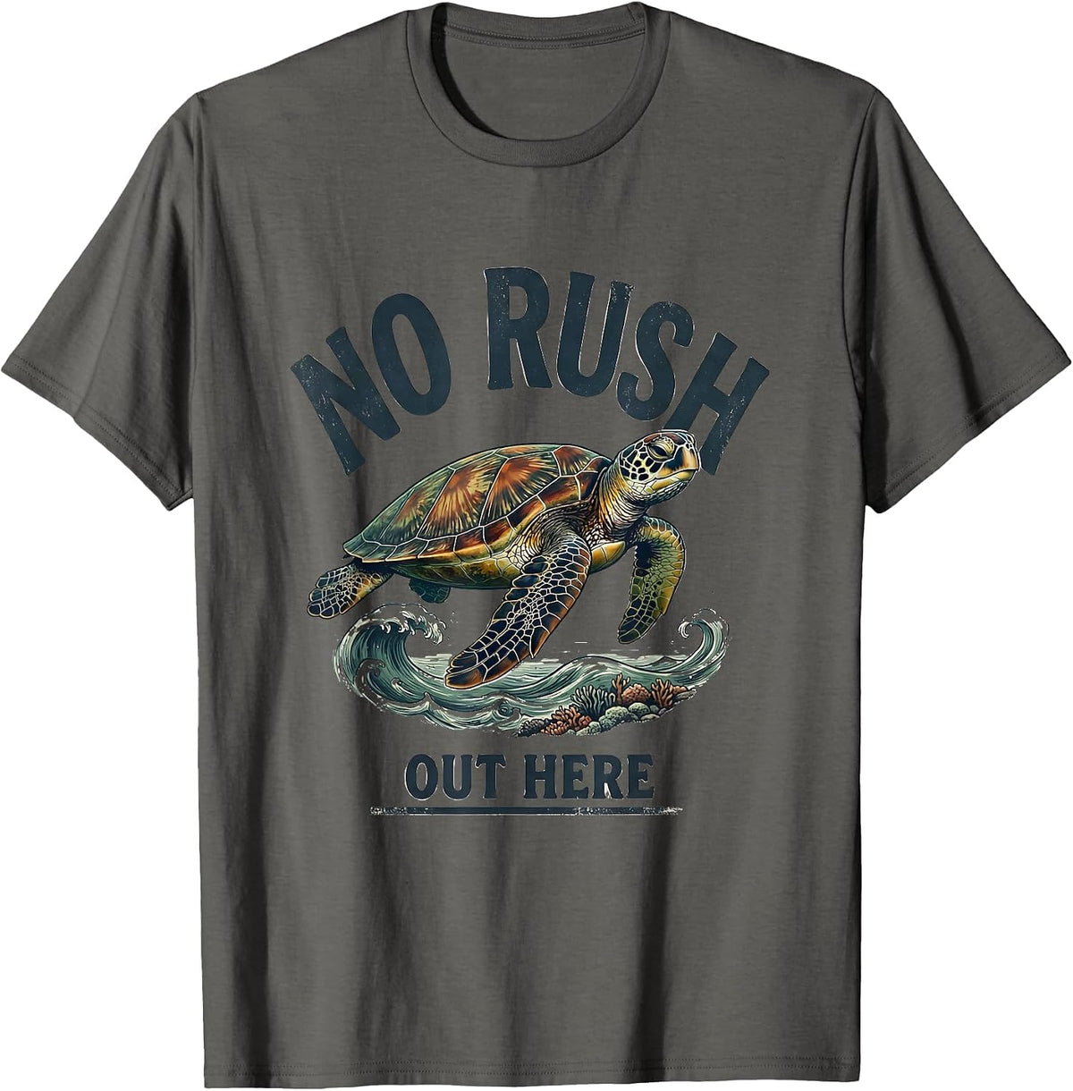 Men's No Rush Out Here Vintage Sea Turtle Beach Vacation Souvenir T-Shirt - Asphalt Grey