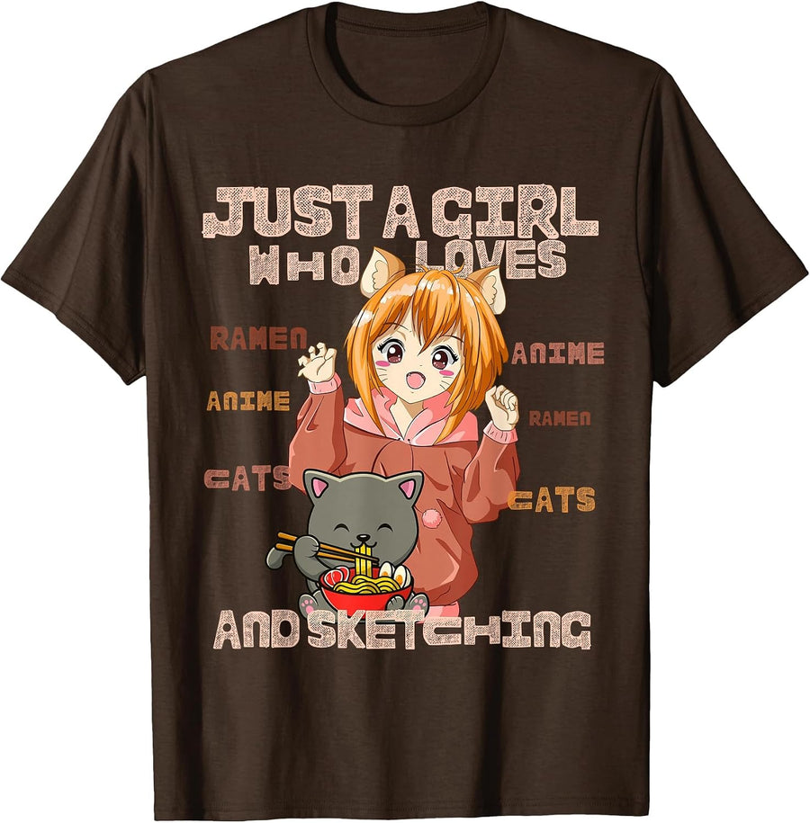 Just a Girl Who Loves Cats, Ramen, Amine and Sketching Manga T-Shirt - Brown