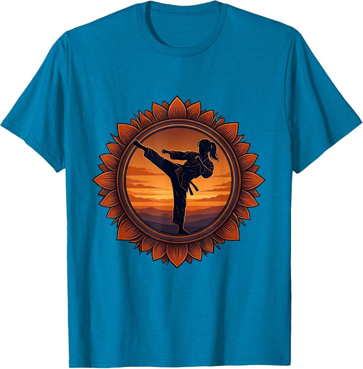 Karate Kick Silhouette Dusk Martial Arts Design T-Shirt - Sapphire Blue