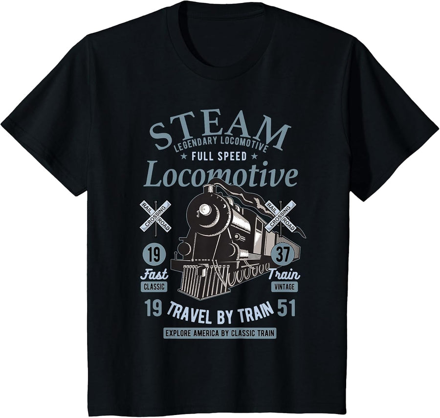 Steam Locomotive Vintage for Railway and Train Driver T-Shirt - Black