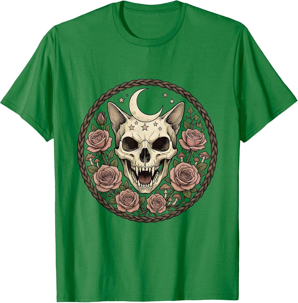 Men's Snarling Cat Skull With Roses Gothic Art T-Shirt - Kelly Green