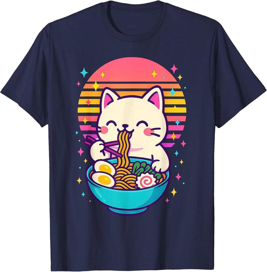 Anime Cat Eating Ramen Japanese T-Shirt - Navy Blue