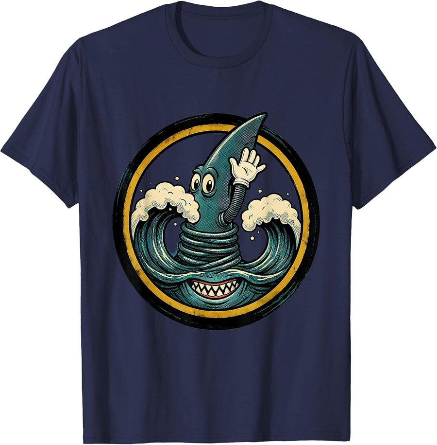 8th Birthday Shark Fin Ocean Waves Graphic T-Shirt - Navy Blue