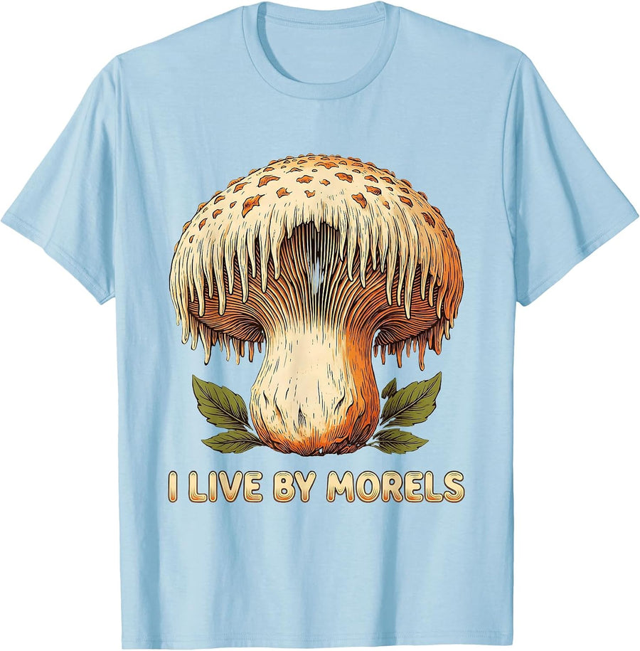 Men's I Live By Morels Retro 70s Mushroom Forager Funny Fungi T-Shirt - Baby Blue
