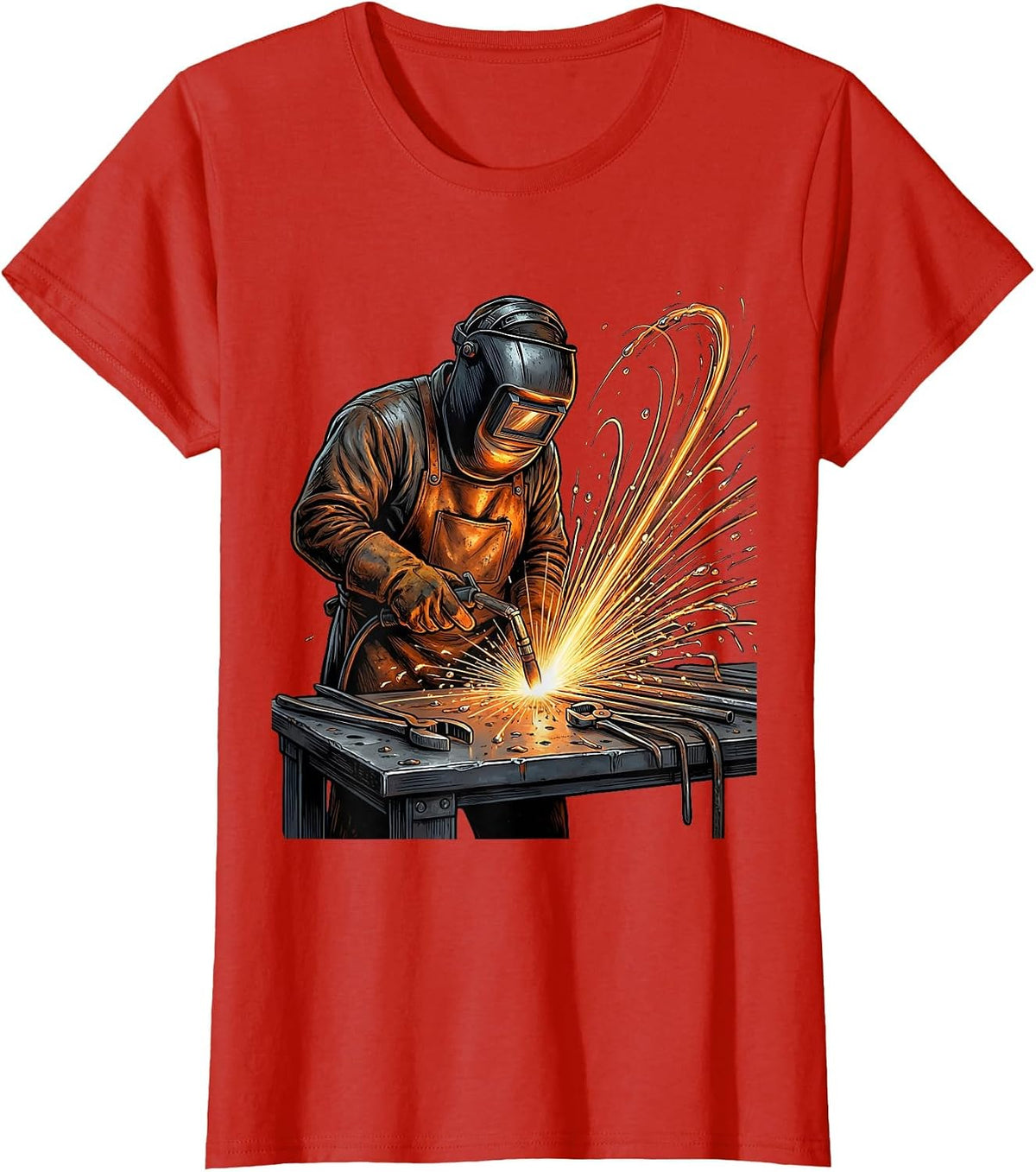 Labor Day Welder Sparks Flying Dark Workshop T-Shirt - Red
