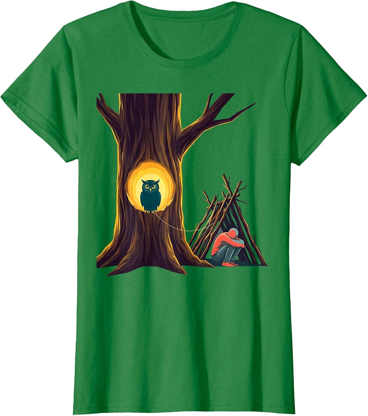 Women's Tree Hollow Owl Nature Camper Outdoor Humor T-Shirt - Kelly Green