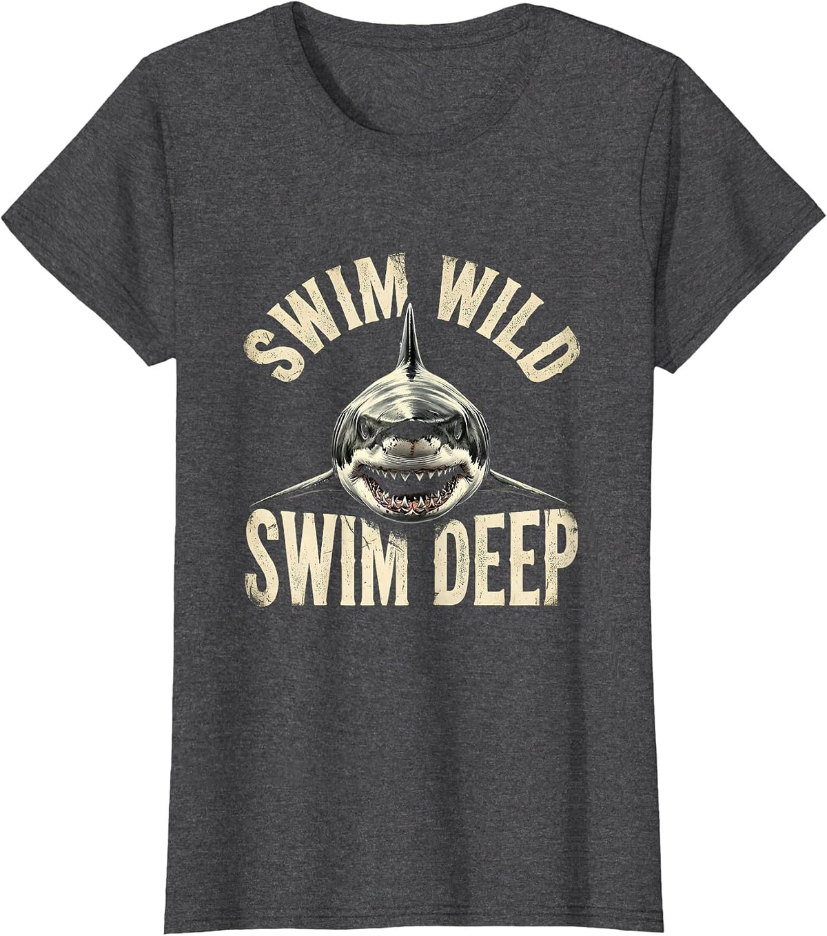 Women's Swim Wild Swim Deep Shark Graphic Design T-Shirt - Dark Heather Grey