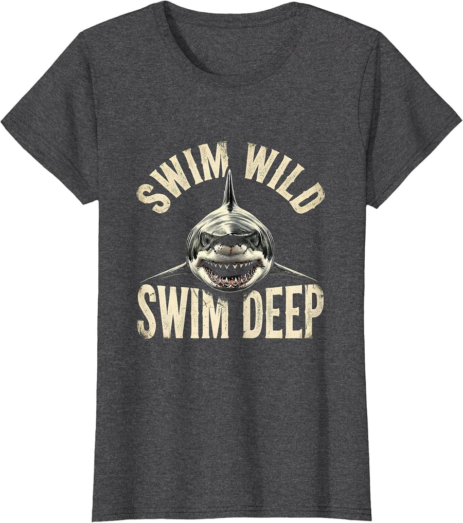 Women's Swim Wild Swim Deep Shark Graphic Design T-Shirt - Dark Heather Grey