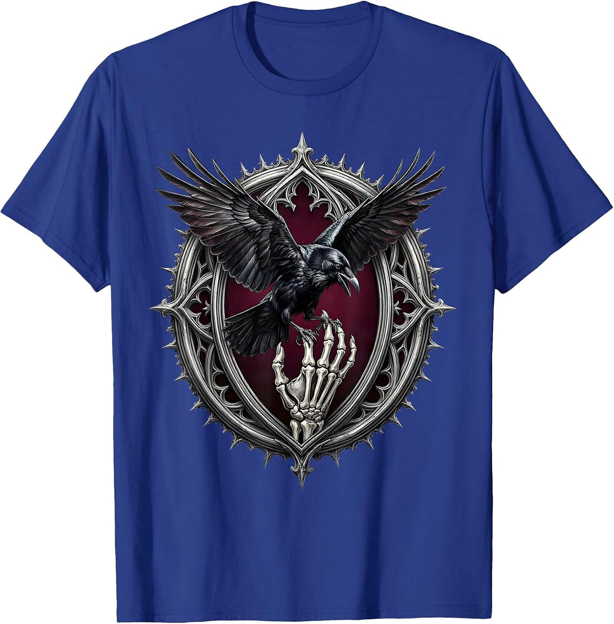 Men's Crow Landing on Skeleton Hand Dark Gothic Art T-Shirt - Royal Blue