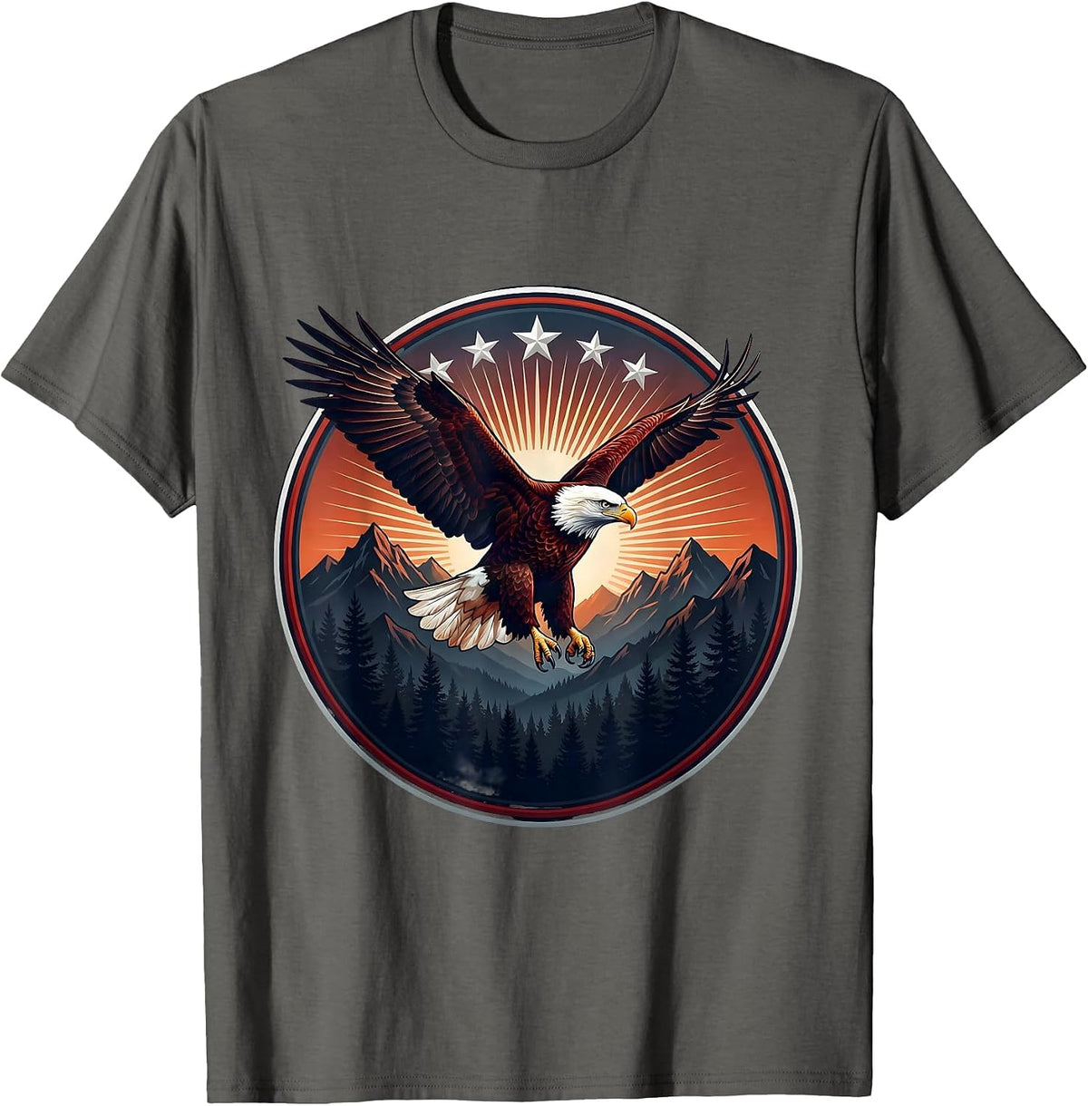 Men's Eagle Flying Through Burst of Stars Patriotic T-Shirt - Asphalt Grey
