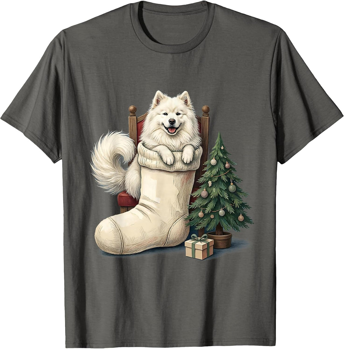 Men's Samoyed In Stocking Storybook Christmas Dog Lover Gift T-Shirt - Asphalt Grey