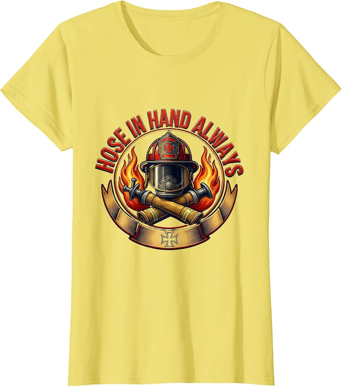 Hose In Hand Always Firefighter Design T-Shirt - Lemon Yellow