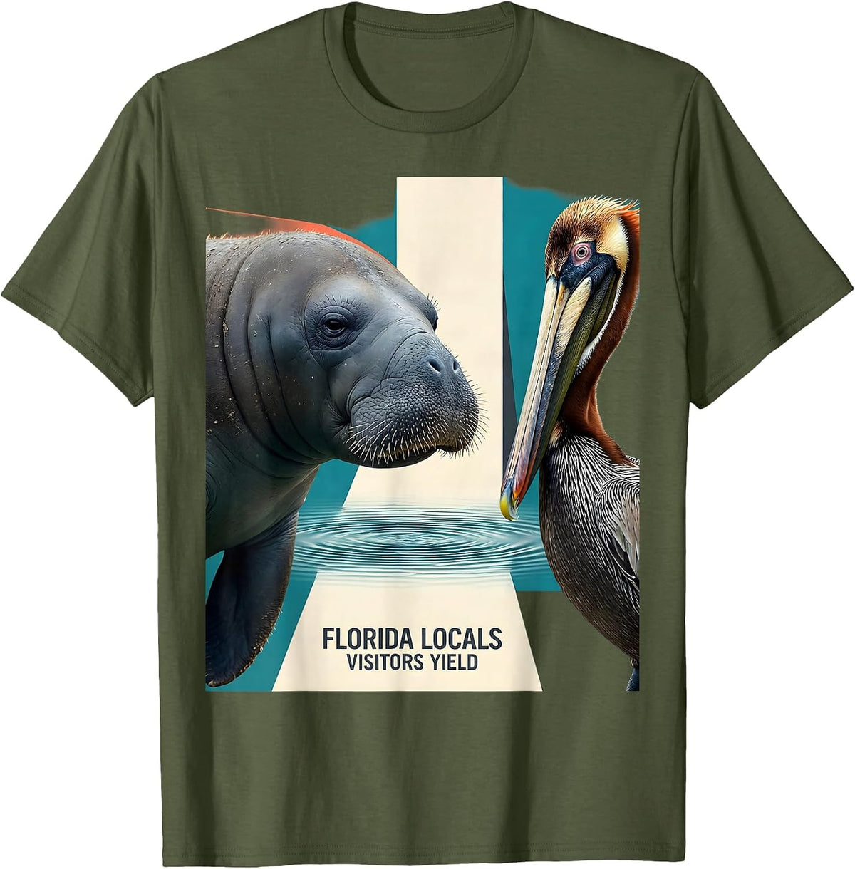 Florida Locals, Visitors Yield Midcentury Modern Manatee T-Shirt - Olive Green