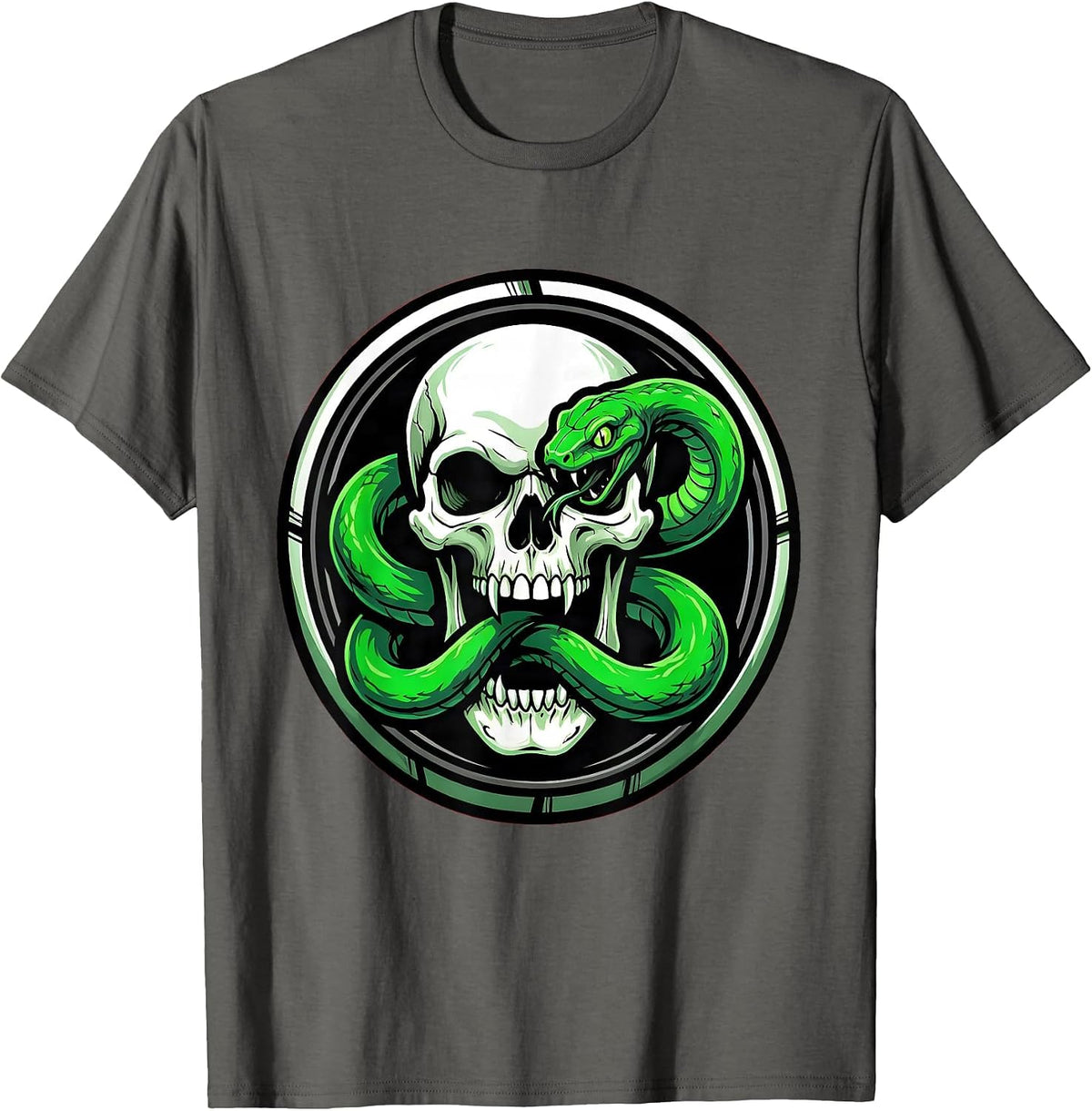Serpent Coiled Skull Gothic Dark Art Design T-Shirt - Asphalt Grey