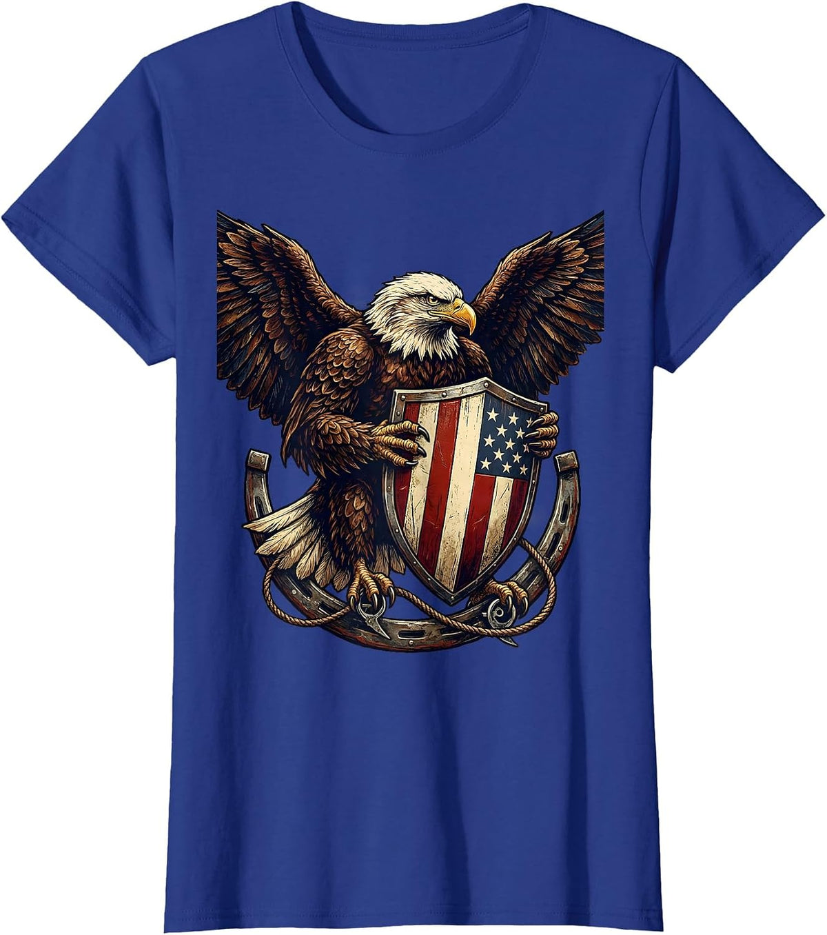 Women's Bold Eagle Clutching Striped Shield Patriotic Design T-Shirt - Royal Blue