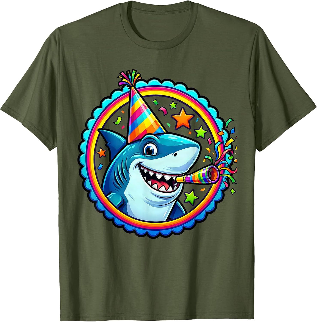 5th Birthday Shark Party Hat Noisemaker Design T-Shirt - Olive Green