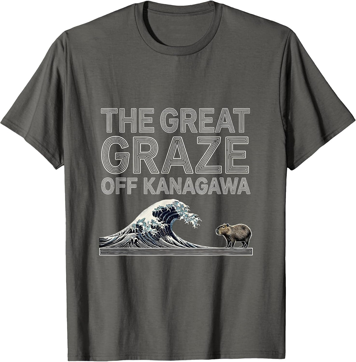 Men's The Great Graze off Kanagawa Funny Capybara Japanese Art T-Shirt - Asphalt Grey