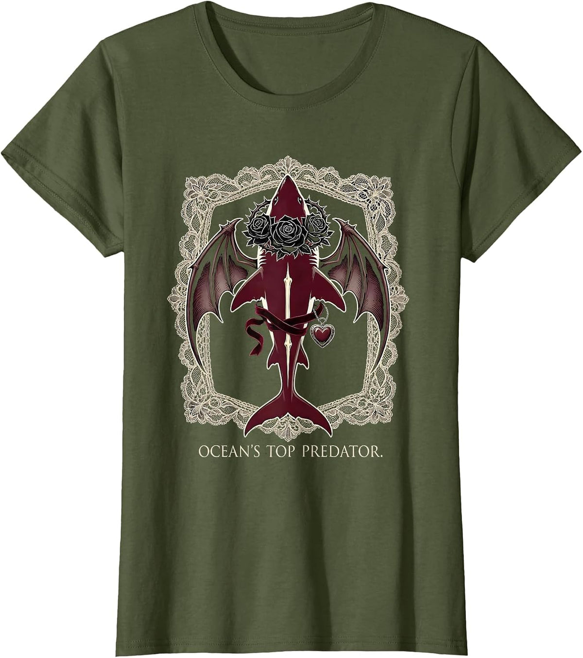 Women's Ocean's Top Predator Shark Graphic Design T-Shirt - Olive Green