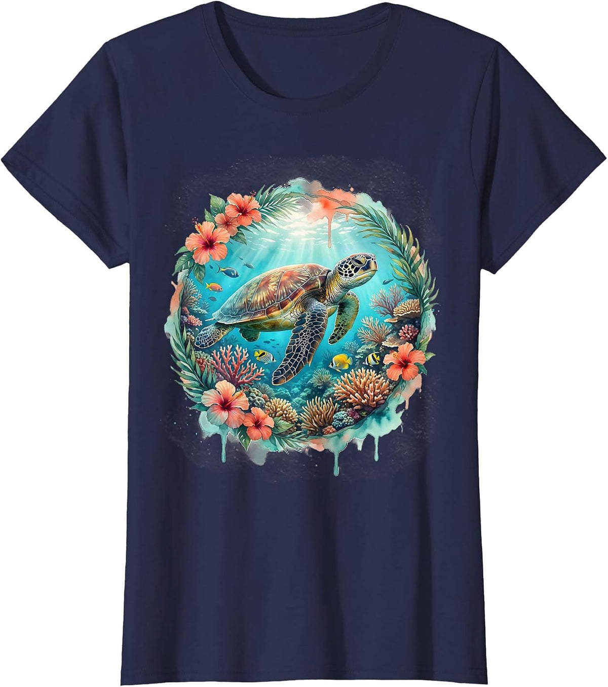 Women's Sea Turtle Coral Reef Hawaiian Ocean Design T-Shirt - Navy Blue