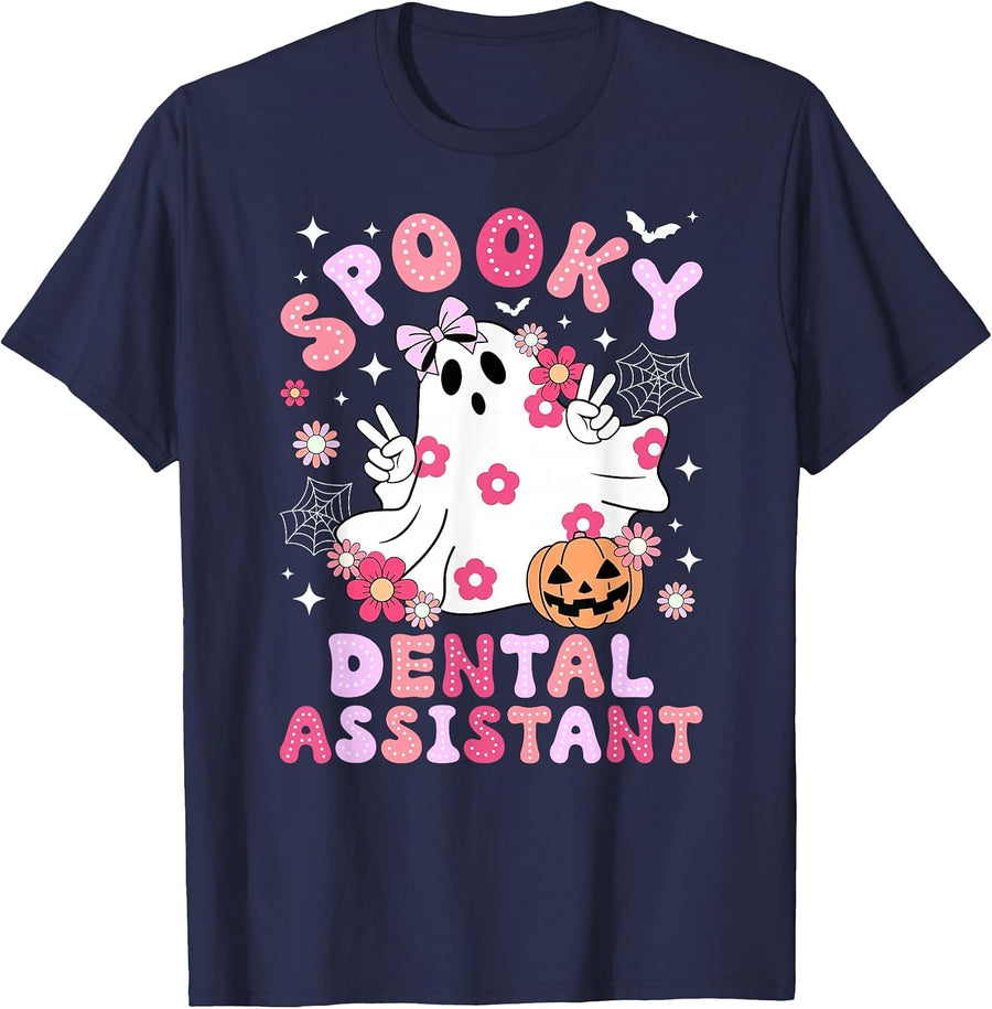 Spooky Dental Assistant Halloween Dental Assisting Groovy T-Shirt - Navy Blue