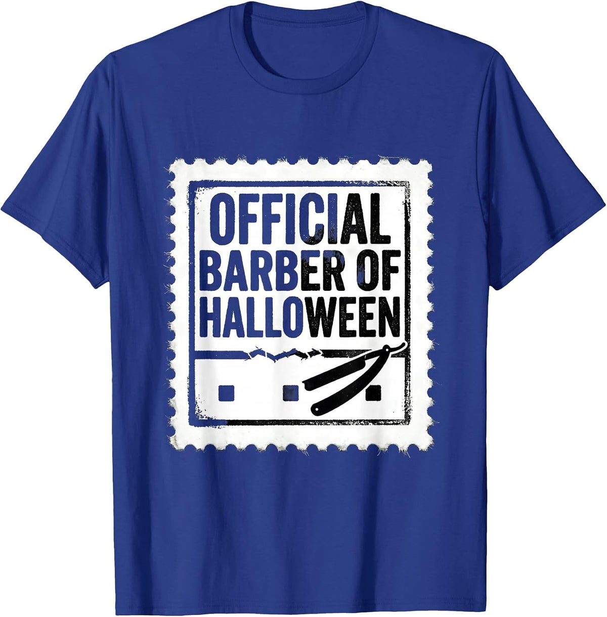 Men's Official Barber Of Halloween Rubber Stamp Skeleton Barber T-Shirt - Royal Blue