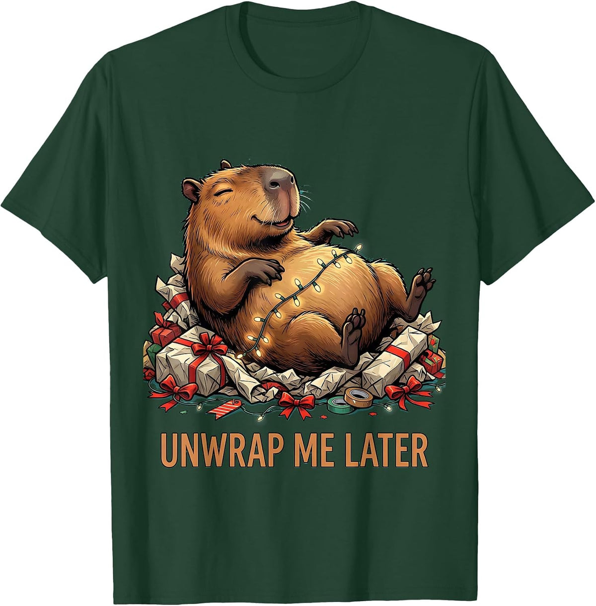 Unwrap Me Later Cute Christmas Capybara Funny Animal Lover T-Shirt - Dark Green