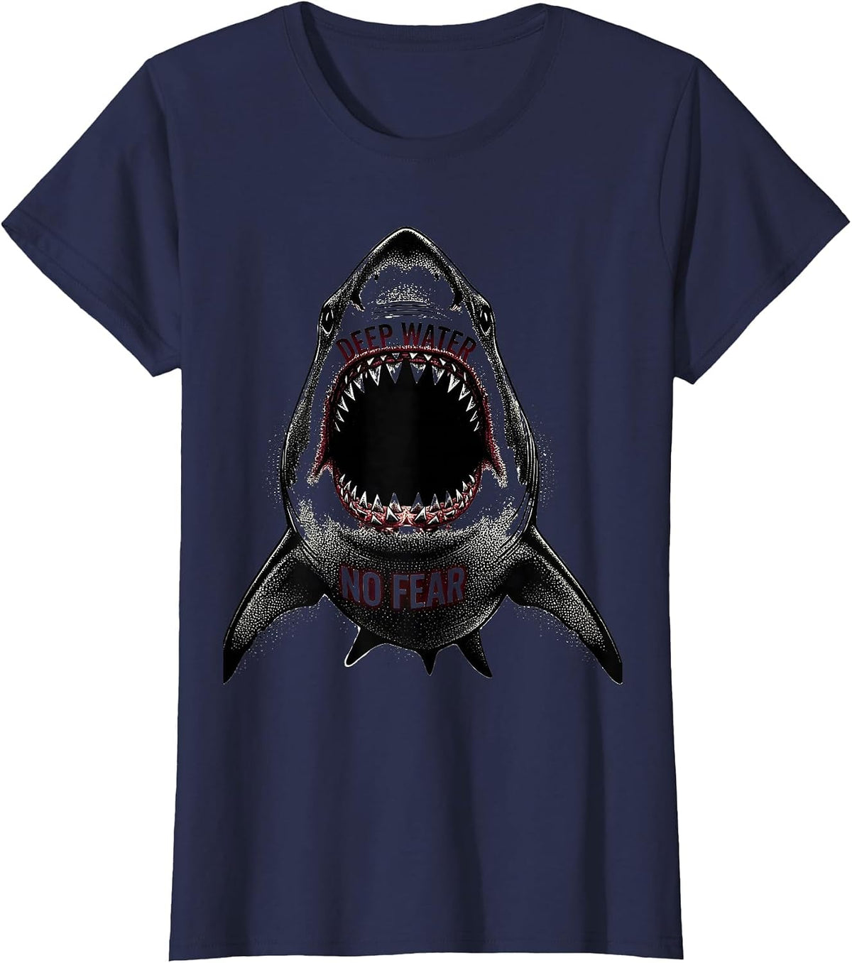 Women's Deep Water No Fear Bold Shark Design T-Shirt - Navy Blue